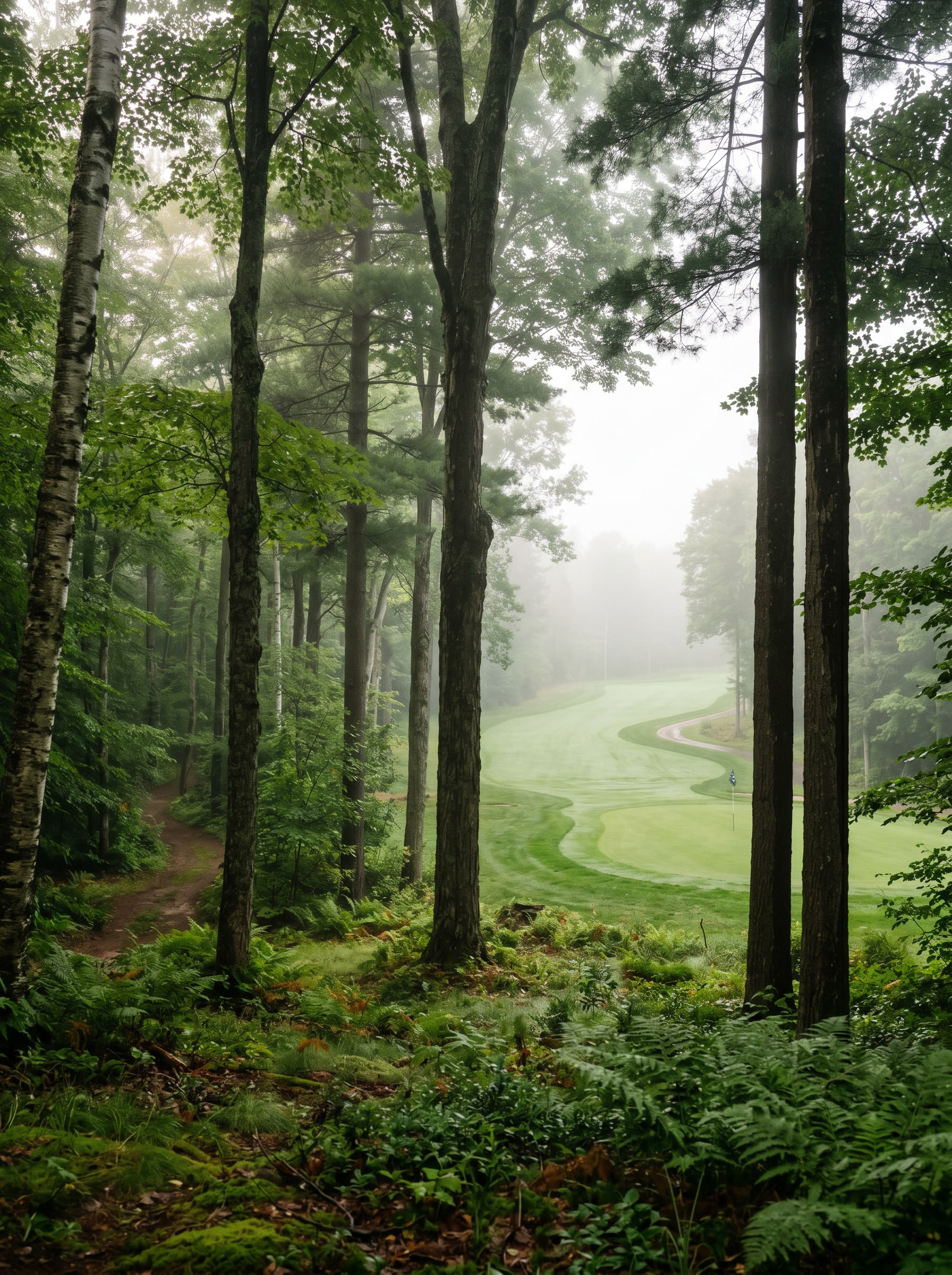 Misty Northern Michigan forest opening onto a golf fairway