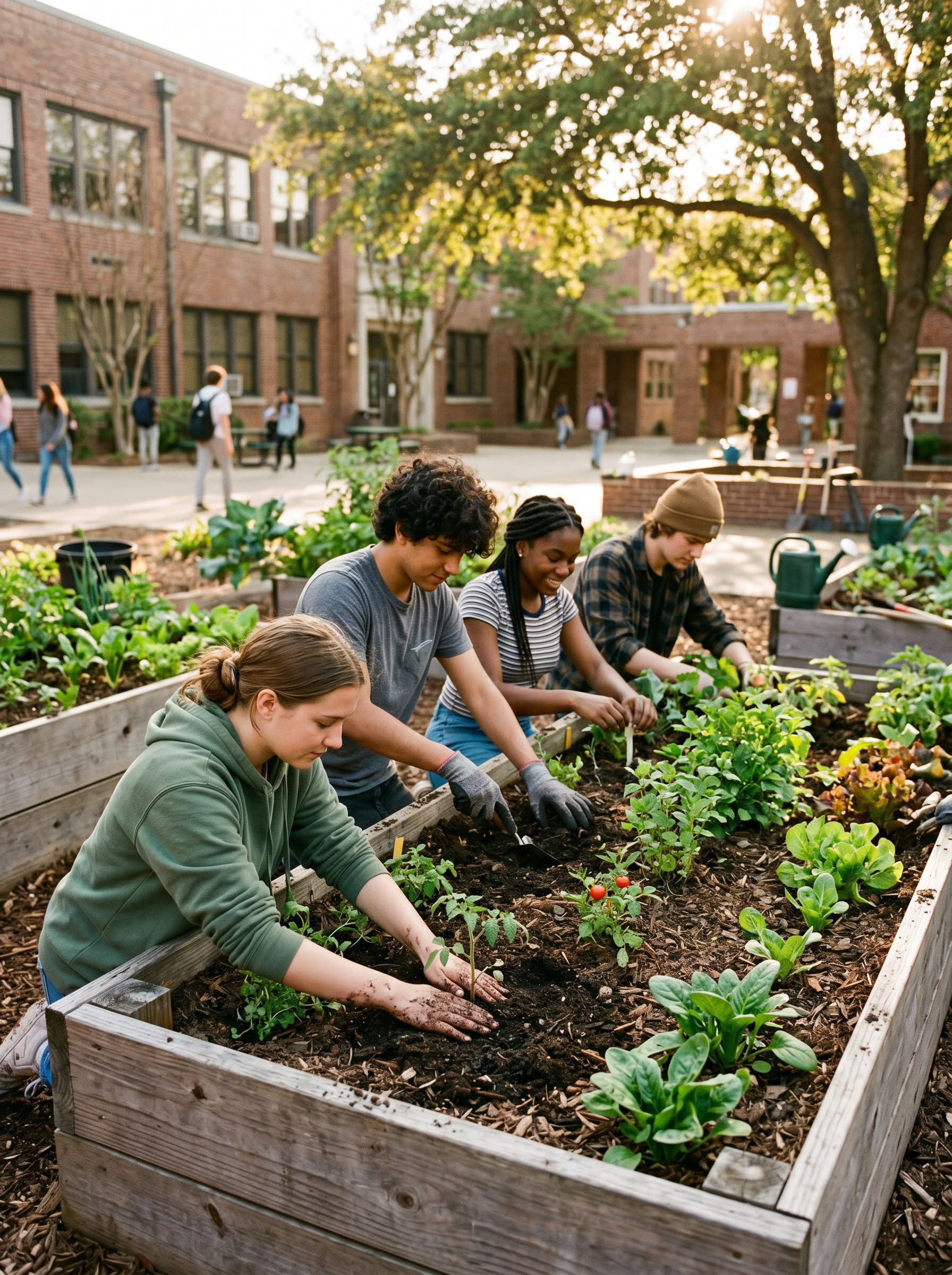 High school students tending raised garden beds