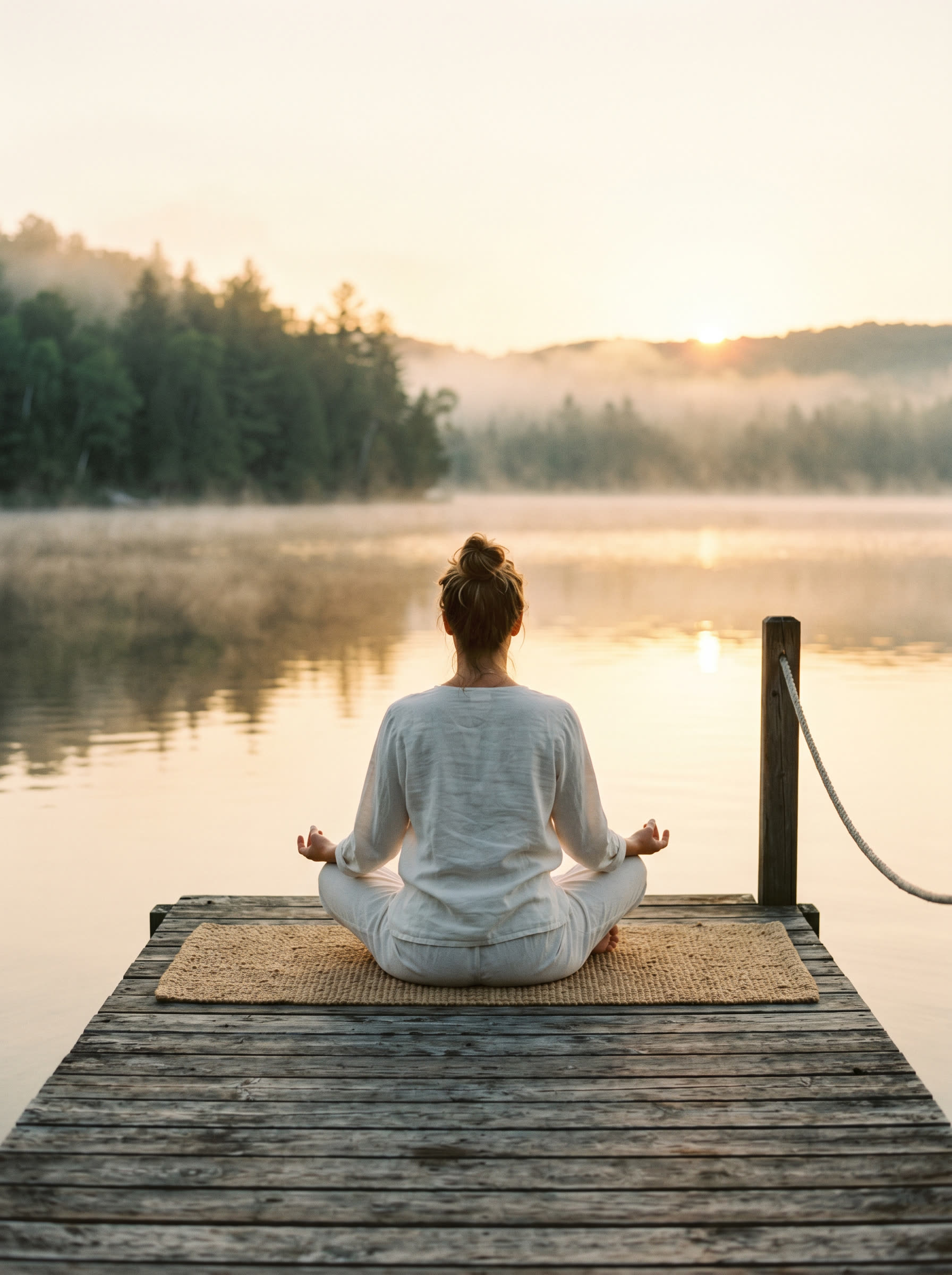 Person meditating on a dock at sunrise