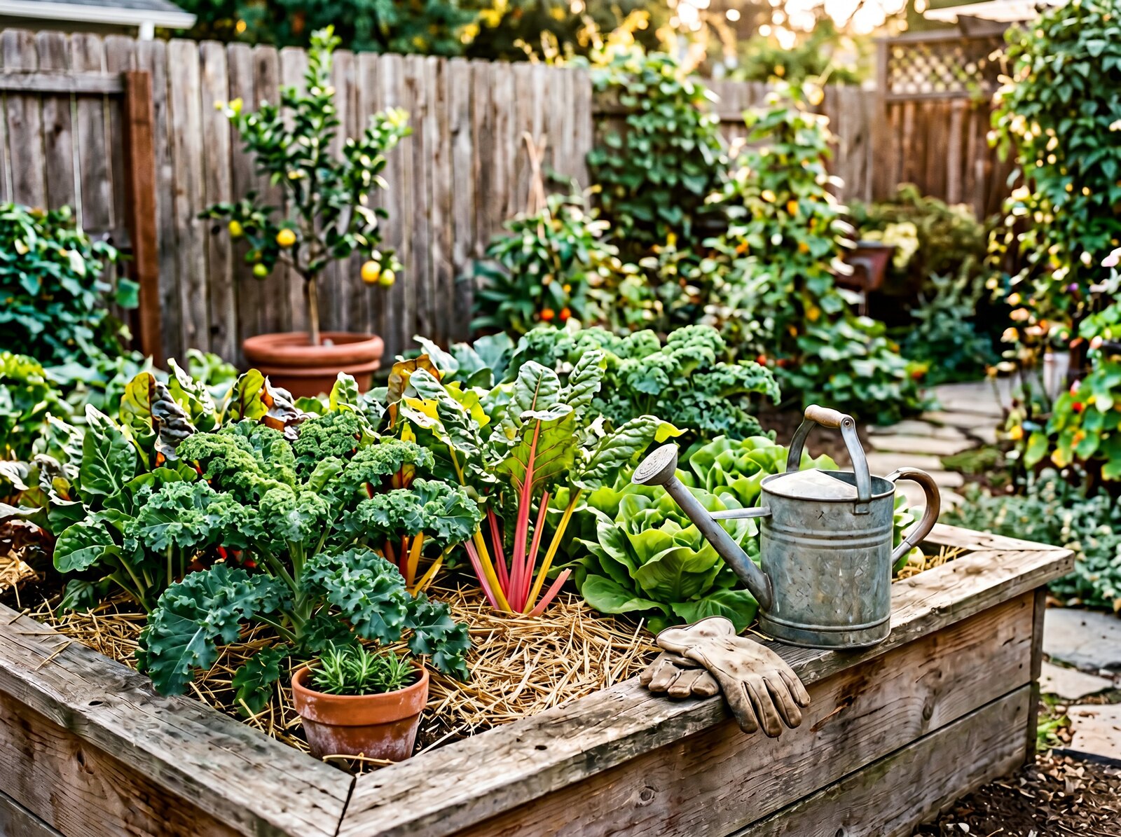 A cedar raised bed in a backyard garden with rainbow chard, kale, and butter lettuce, a galvanized watering can, and canvas gloves at golden hour