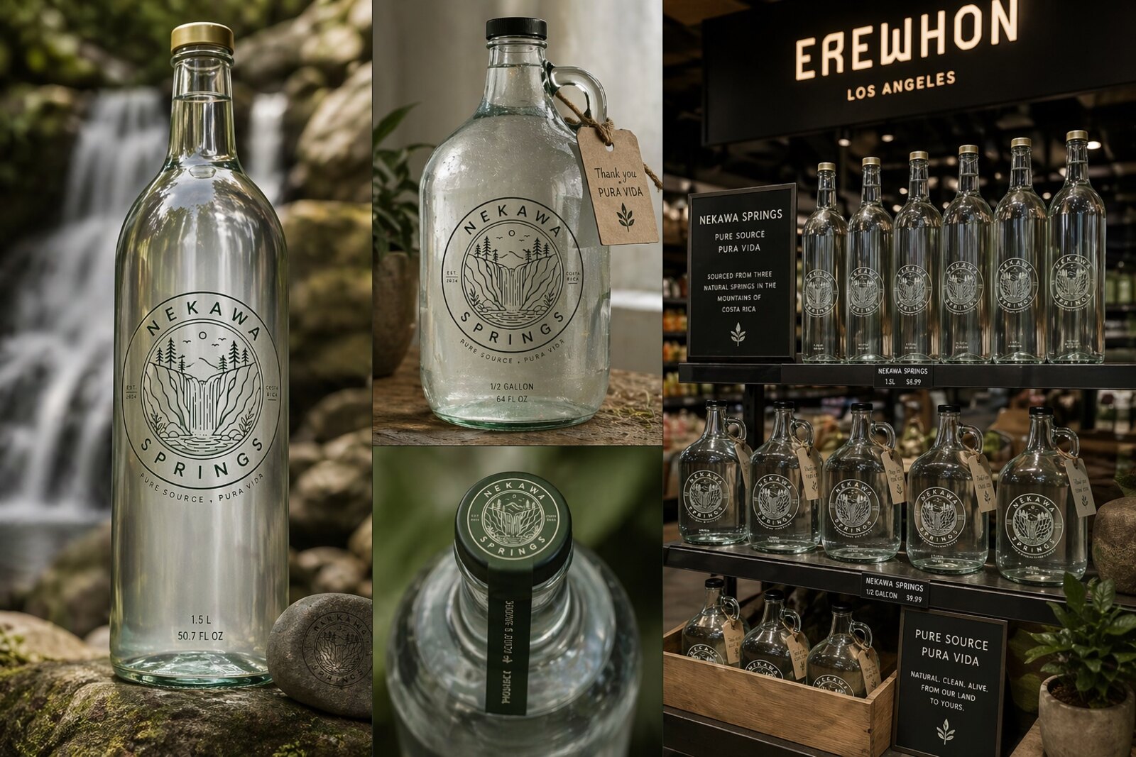 Nekawa Springs glass bottles engraved with the Pure Source, Pura Vida waterfall mark