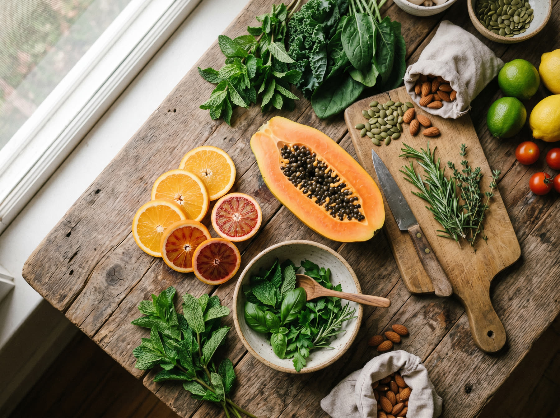 A table of fresh fruit, herbs, and whole foods in soft morning light