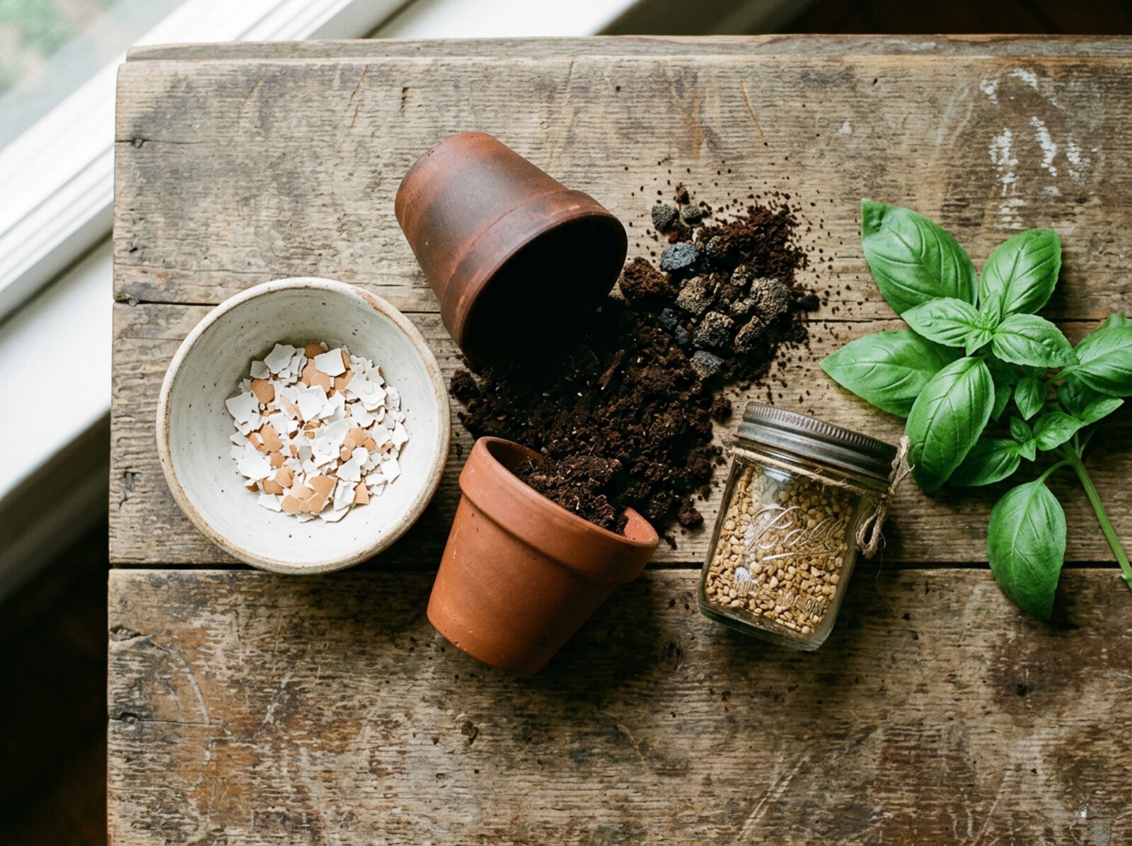 Overhead view of crushed eggshells in a ceramic bowl beside terracotta pots, dark compost, coffee grounds, a sprig of basil, and a mason jar of tomato seeds on weathered wood