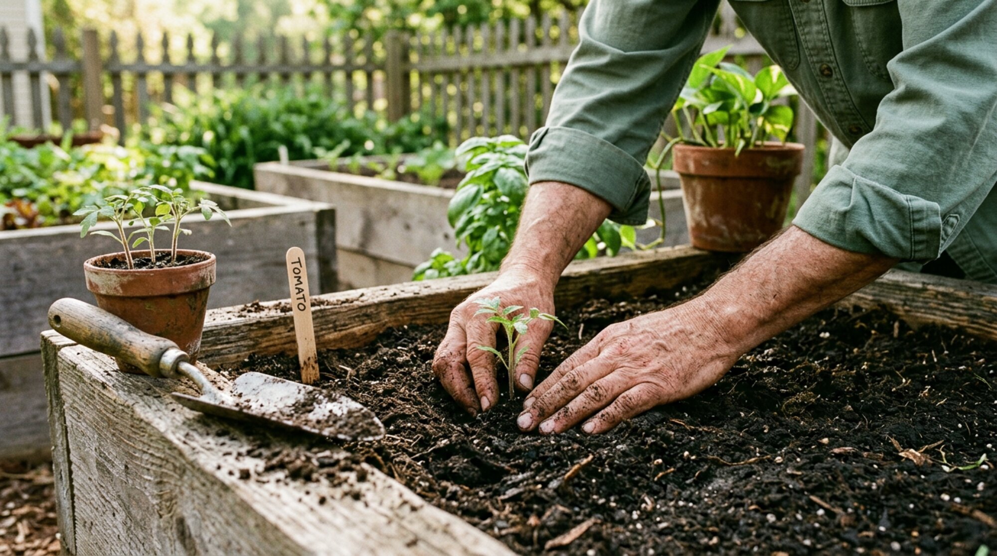 Hands tucking a tomato seedling into rich dark soil in a cedar raised bed