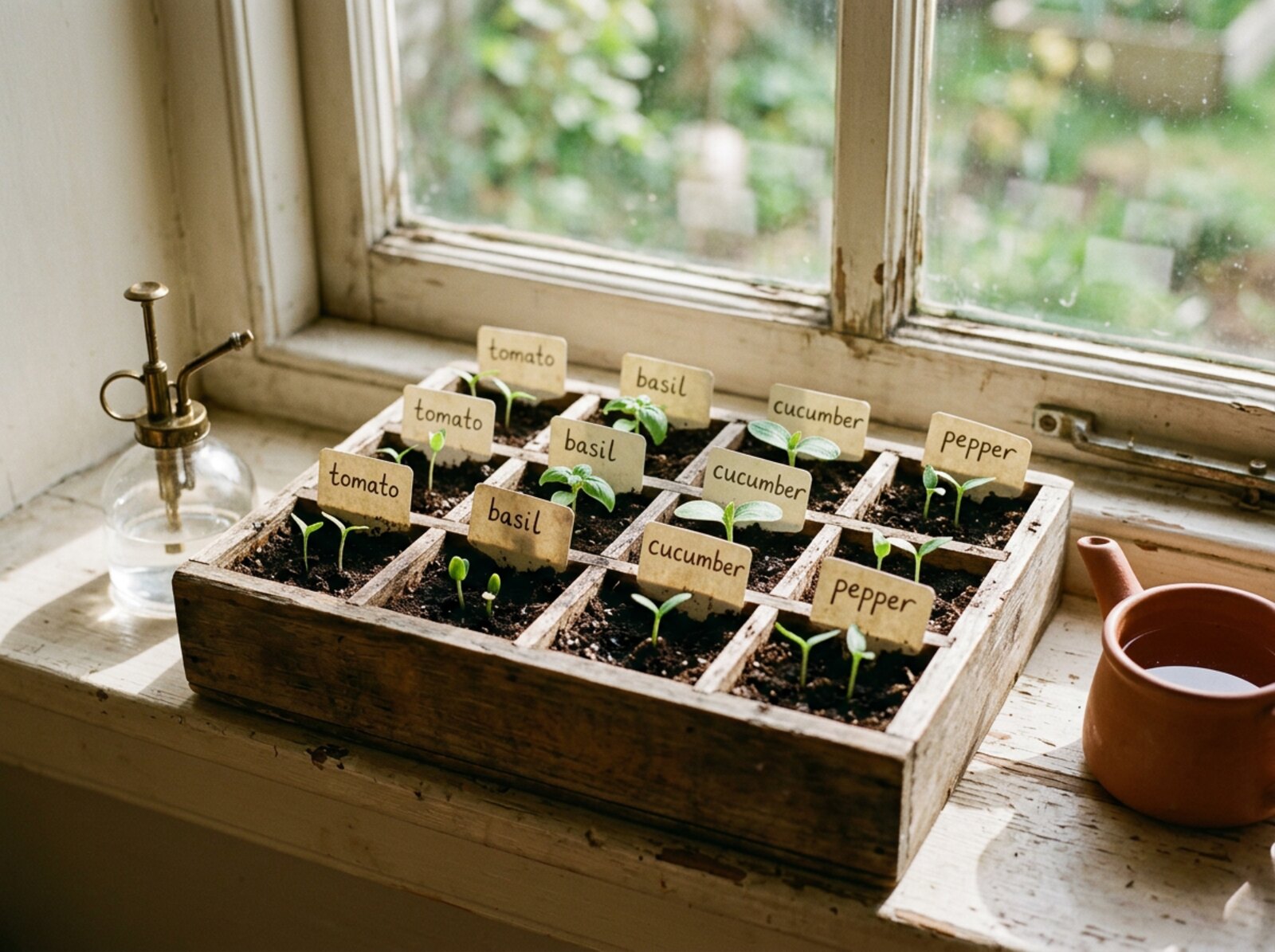 A wooden seed-starting tray on a sunlit windowsill with seedlings labeled tomato, basil, cucumber, and pepper