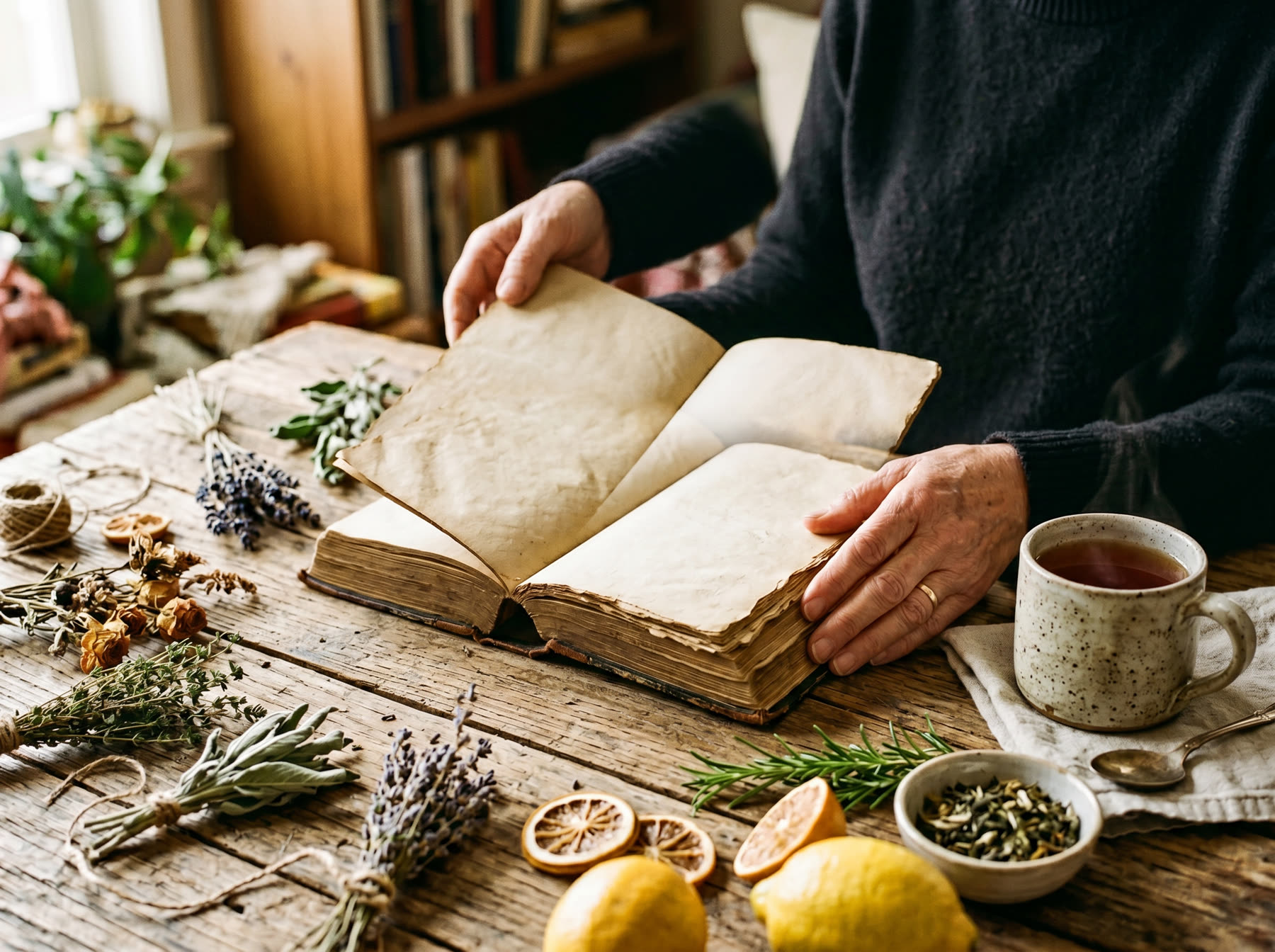 Open book on a wooden surface