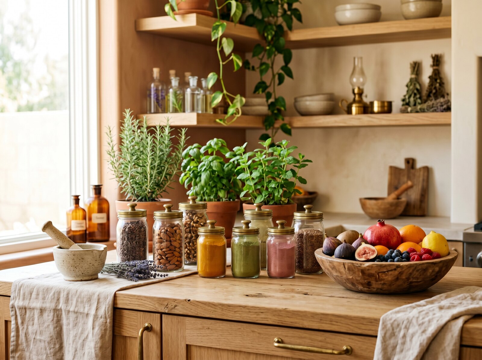 Apothecary-style kitchen with glass jars of seeds, nuts and superfood powders, fresh fruit, and potted herbs